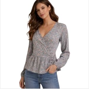 Japna Gray Floral V-Neck Surplice Wrap Longsleeve Boho NWT LRG Grey
